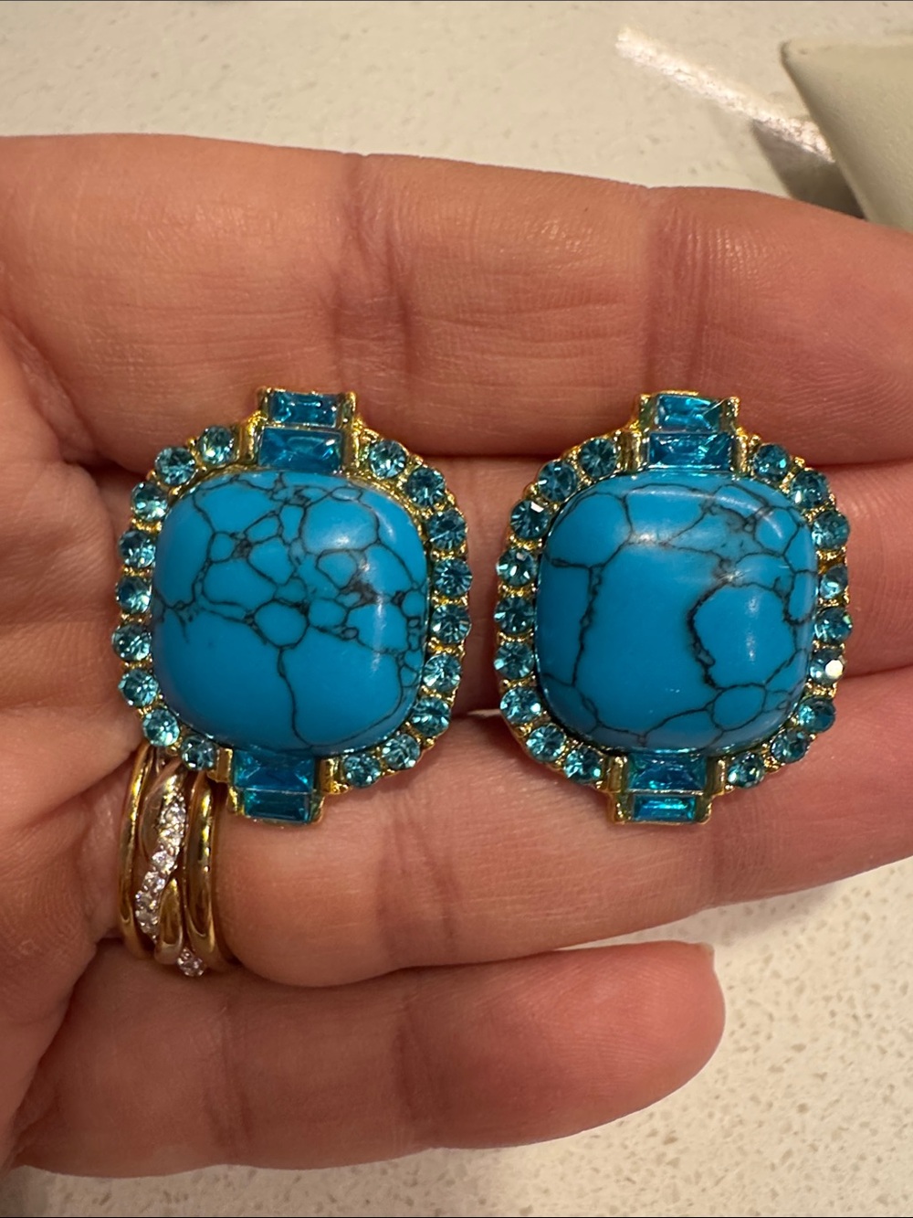 Gold-Tone Turquoise Blue Stone stud Earrings brand new